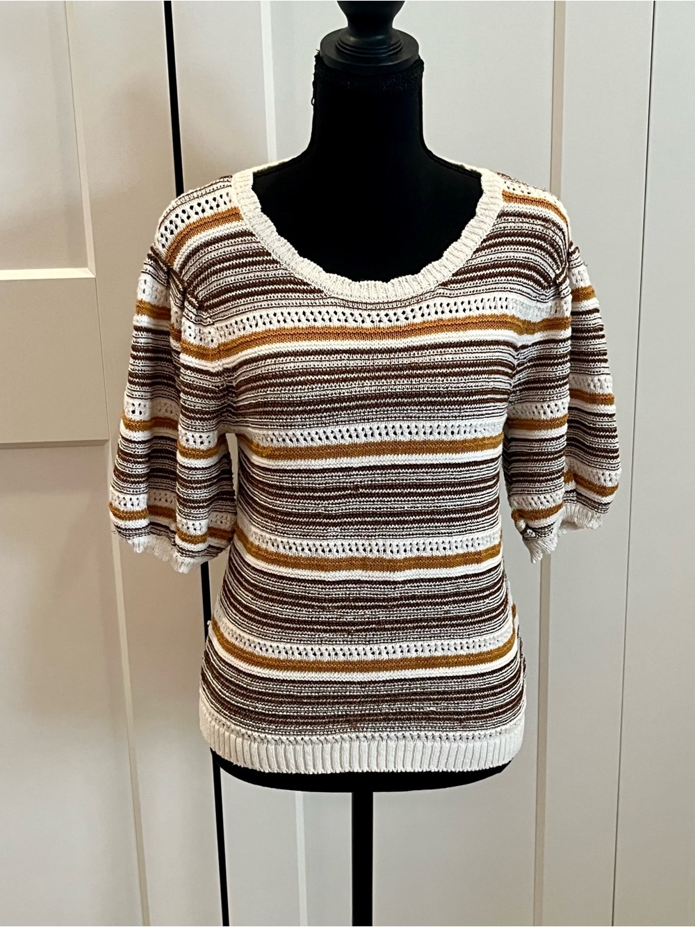 House of Harlow 1960 Striped Sweater in Cream/Brown/Mustard w/ Subtle Metallic